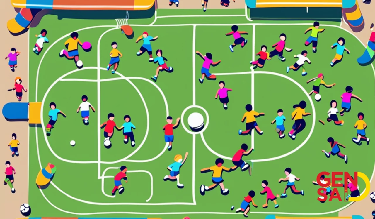 A group of children playing soccer on a playground. This image is meant to promote National Sports Day 2023, which is celebrated in India on August 29th. The image shows the importance of sports for children and how it can help them stay healthy and fit.