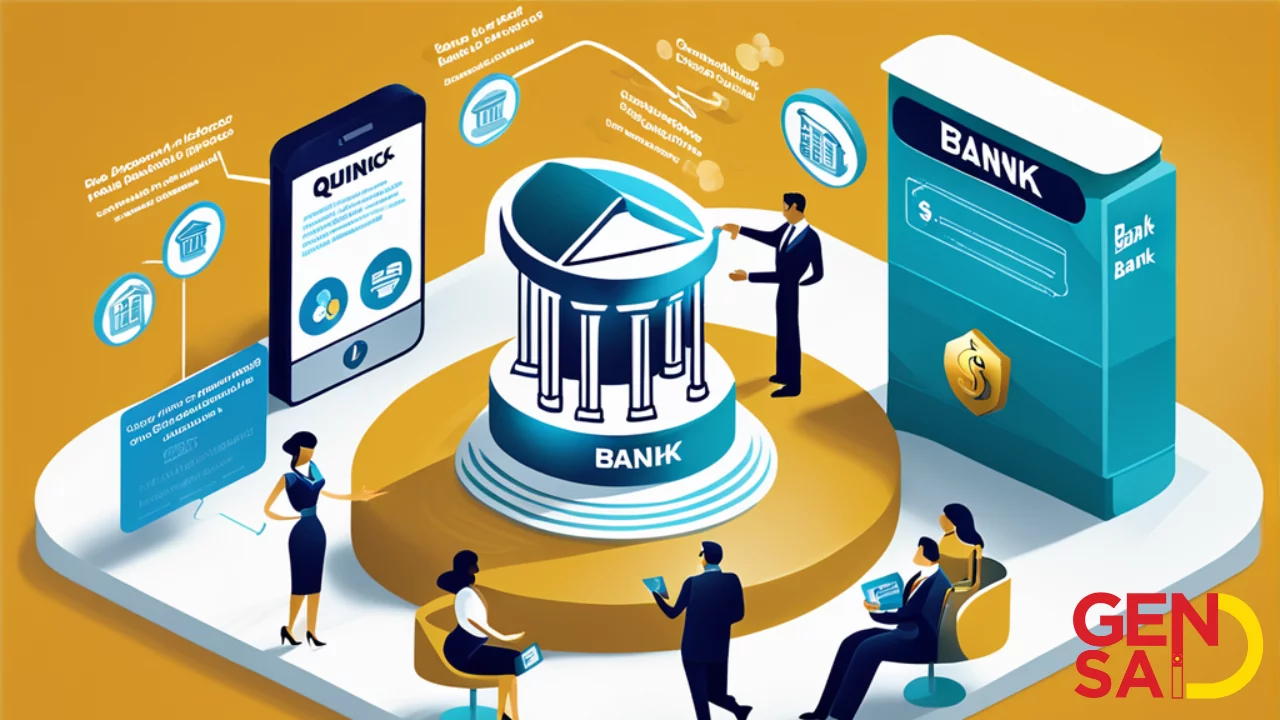 Animated bank, mobile app and people