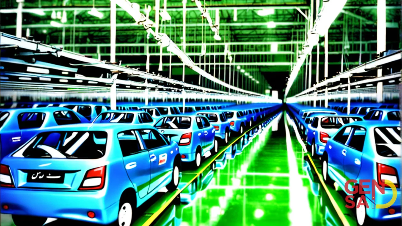 A row of blue cars on a conveyor belt in the Suzuki plant closure. The Suzuki plant closure is due to inventory shortages.