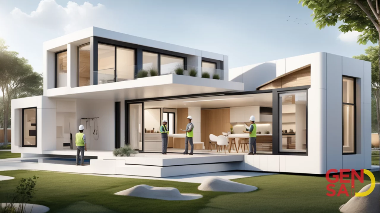 A rendering of a modern house with people standing outside. The house is 3D-printed and located in Texas.