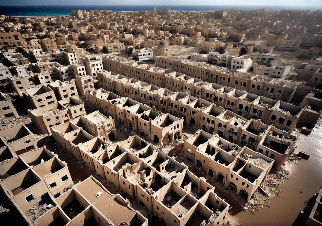 Illustrating the devastating aftermath of floods in Derna, Libya, showcasing the city's resilience amidst destruction.