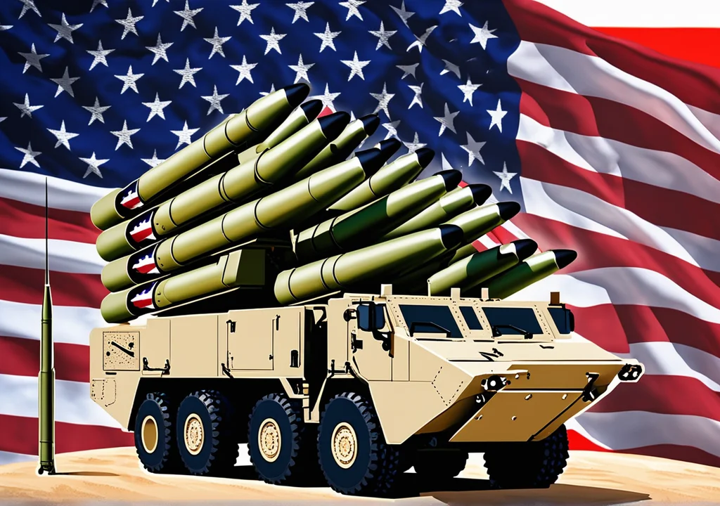 An artistic representation of the HIMARS rocket system with the U.S. and Australian flags in the background, symbolizing the defense deal.