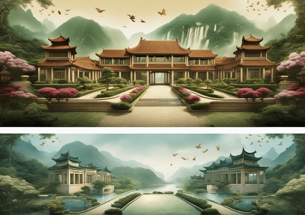 Left Side: Luxurious 5-star resort in China's hinterland exuding opulence and luxury. Right Side: Crumbling financial report symbolizing Country Garden's financial struggles.