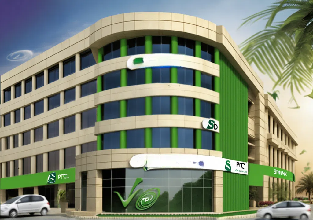 A building with the text "35 S PTC PTCL SININK" on it, signifying a partnership between Sindh Bank and PTCL for SD-WAN deployment.