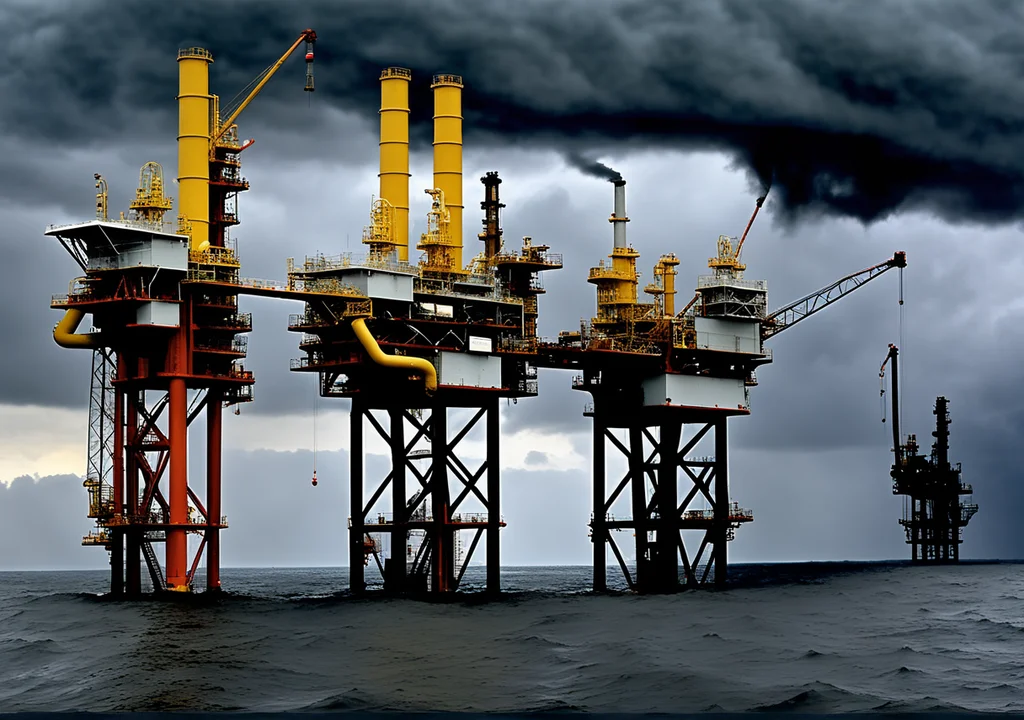 A stormy industrial landscape with Woodside's offshore gas platforms representing the potential impact of a labor strike on global LNG supply.