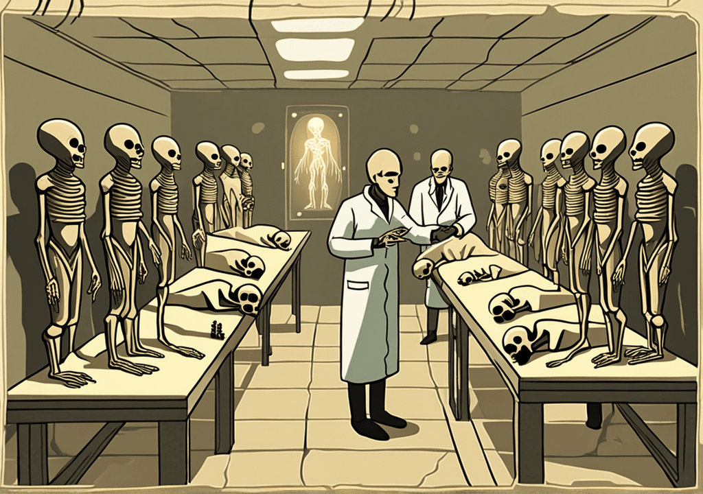 The alt text for this hypothetical image serves to provide a textual description of the content and context of the split-screen image, allowing those with visual impairments or using screen readers to understand the juxtaposition of mummified beings and scientific analysis.