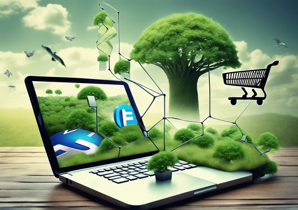 An image titled "Eco-Commerce Dilemma" shows a futuristic, sleek online shopping interface on the left, with virtual shopping carts and high-tech screens. On the right, there's a delicate natural ecosystem with lush green forests, crystal-clear rivers, and diverse wildlife. The contrast represents the challenges faced by e-commerce in balancing growth and environmental responsibility.